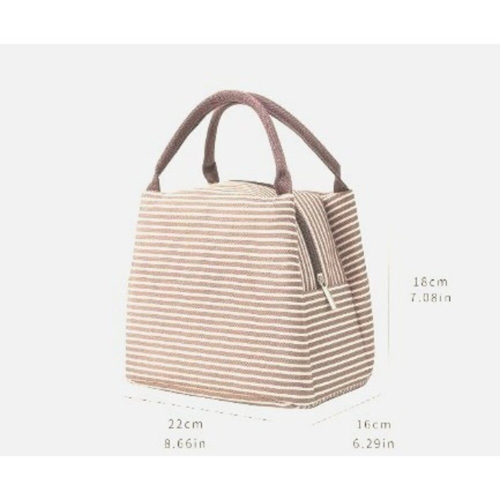 Lunch Bag Insulated Brown Stripe Satin Finish Double Handle Zip Closure - Picture 2 of 3